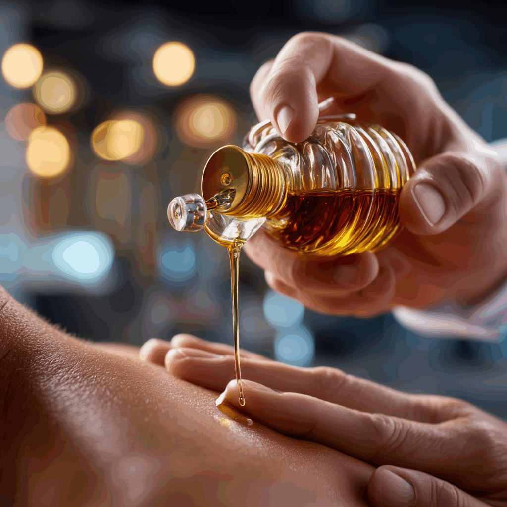 oztz26 A close up of hands pouring oil from an elegant bottle o cb88457c 10c2 492c 91ea 81f012fa32b5